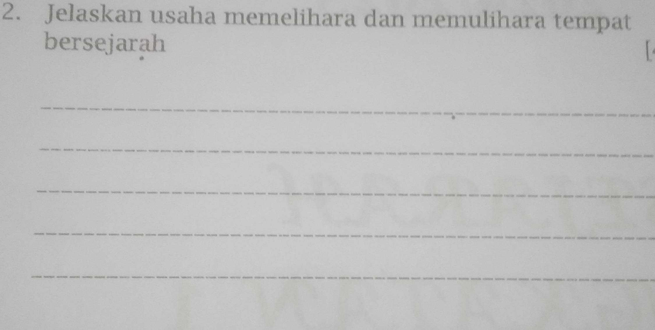 Jelaskan usaha memelihara dan memulihara tempat 
bersejarah 
_ 
_ 
_ 
_ 
_