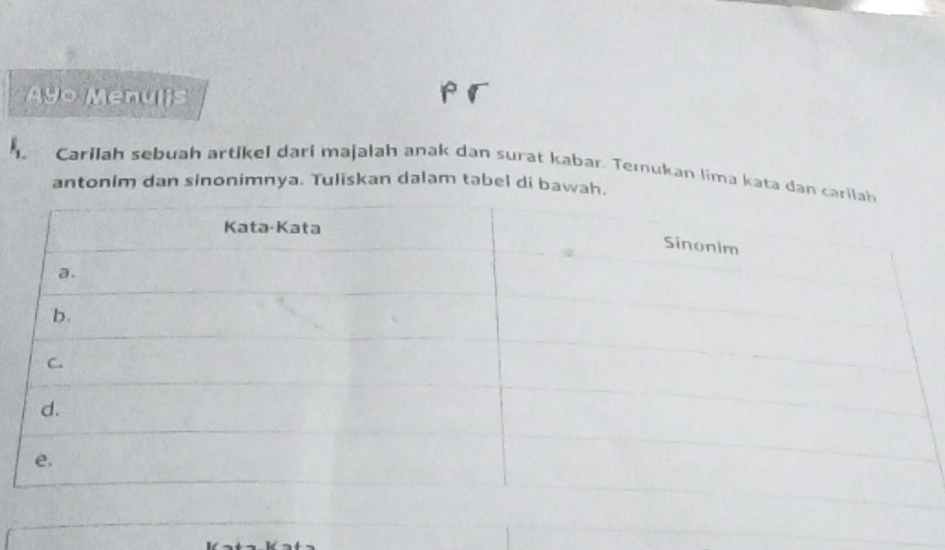 A9o Menulis 
Carilah sebuah artikel dari majalah anak dan surat kabar. Temukan lima kata da 
antonim dan sinonimnya. Tuliskan dalam tabel di bawa