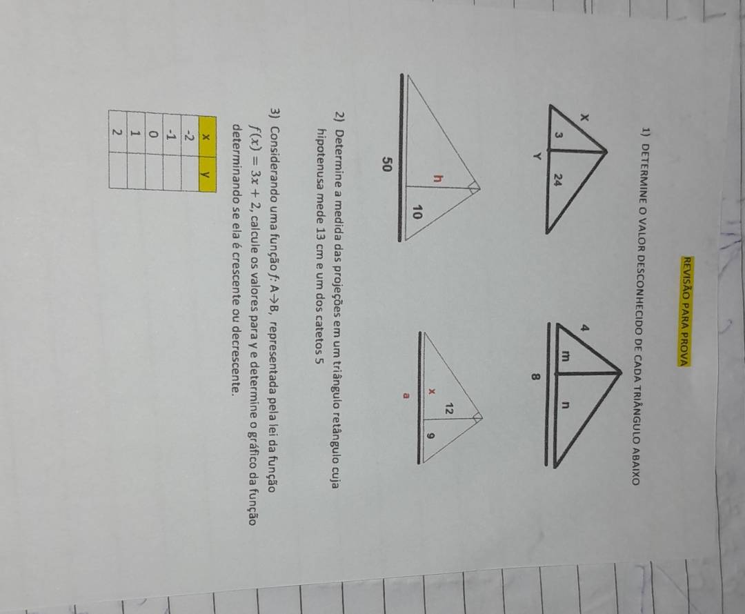 Revisão para prova 
1) DETERMINE O VALOR DESCONHECIDO DE CADA TRIÂNGULO ABAIXO 
2) Determine a medida das projeções em um triângulo retângulo cuja 
hipotenusa mede 13 cm e um dos catetos 5
3) Considerando uma função f : Ato B , representada pela lei da função
f(x)=3x+2 , calcule os valores para y e determine o gráfico da função 
determinando se ela é crescente ou decrescente.