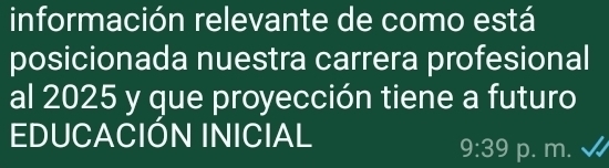 información relevante de como está 
posicionada nuestra carrera profesional 
al 2025 y que proyección tiene a futuro 
EDUCACIÓN INICIAL p. m.
9:39