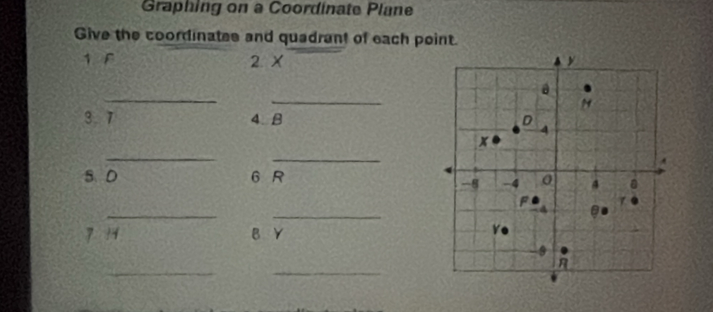 Graphing on a Coordinate Plane 
Give the coordinates and quadrant of each point. 
1 F 2 X
_ 
_ 
3 7 4. B
_ 
_ 
s、 D 6 R
__ 
7 11 B Y
_ 
_