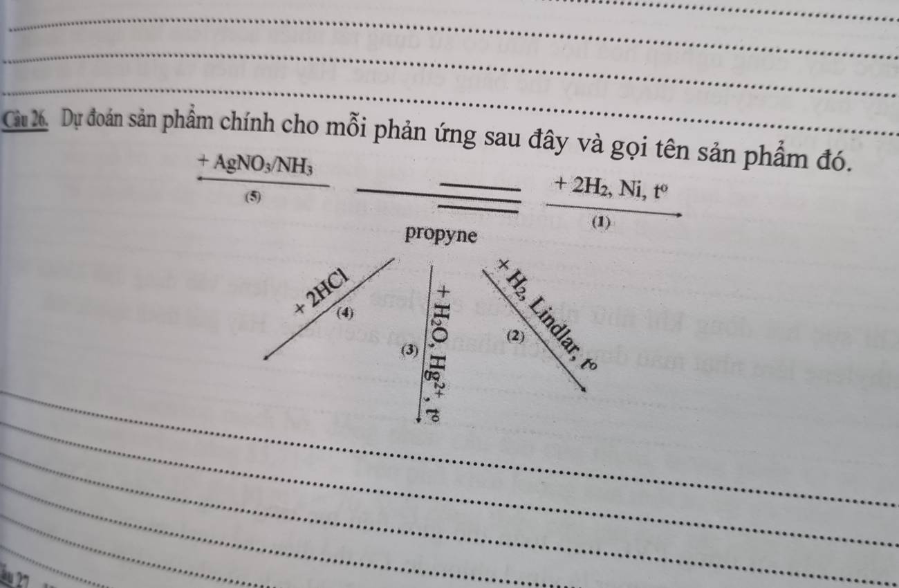 Cu 26. Dự đoán sản phẩm chính cho mỗi phản ứng sau đây và gọi tên sản phẩm đó.
+AgNO_3/NH_3
(5) overline  
_ frac +2H_2,Ni,t^o(1) _ 
propyne
+2HC
_ 
_ 
(3) (2) 
_ 
_ 
_ 
_