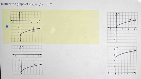 Identify the graph of g(x)=sqrt(x)-5 ?