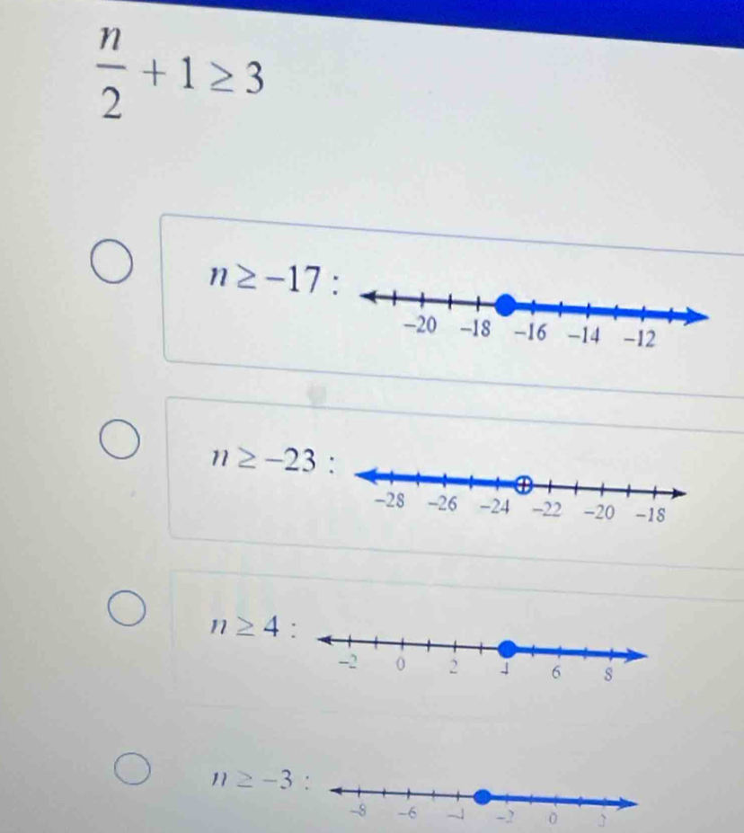  n/2 +1≥ 3
n≥ -17 :
n≥ -23 :
n≥ 4
n≥ -3