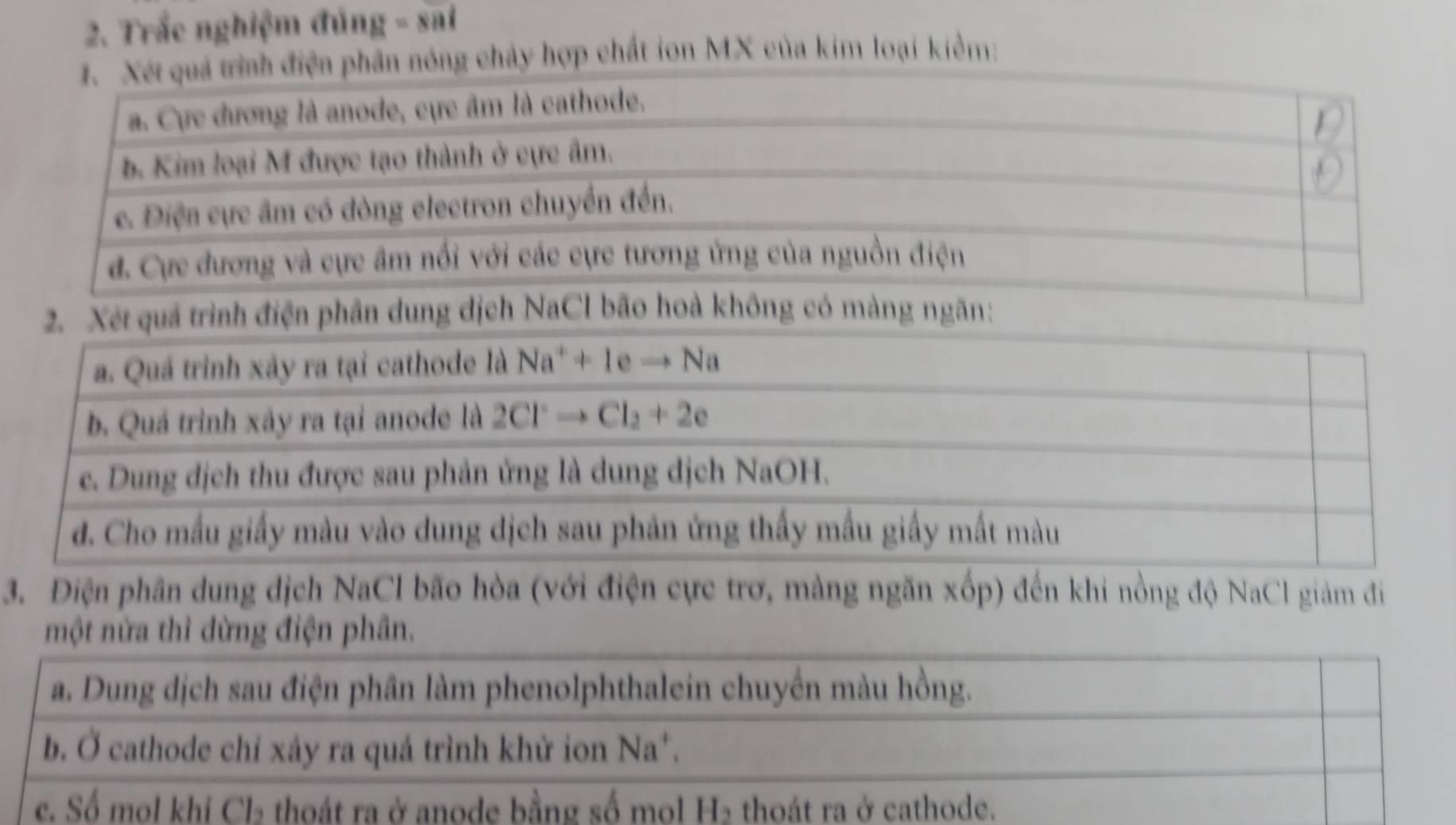 Trắc nghiệm đúng - sai
phần nóng chảy hợp chất ion MX của kim loại kiểm:
3. Điện phân dung địch NaCl bão hòa (với điện cực trơ, mảng ngăn xốp) đến khi nồng độ NaCl giảm đi
một nửa thì đừng điện phân.
a. Dung dịch sau điện phân làm phenolphthalein chuyền màu hồng.
b. Ở cathode chỉ xây ra quá trình khử ion Na*.
c. Số mol khí Cl₂ thoát ra ở anode bằng số mol H₂ thoát ra ở cathode.