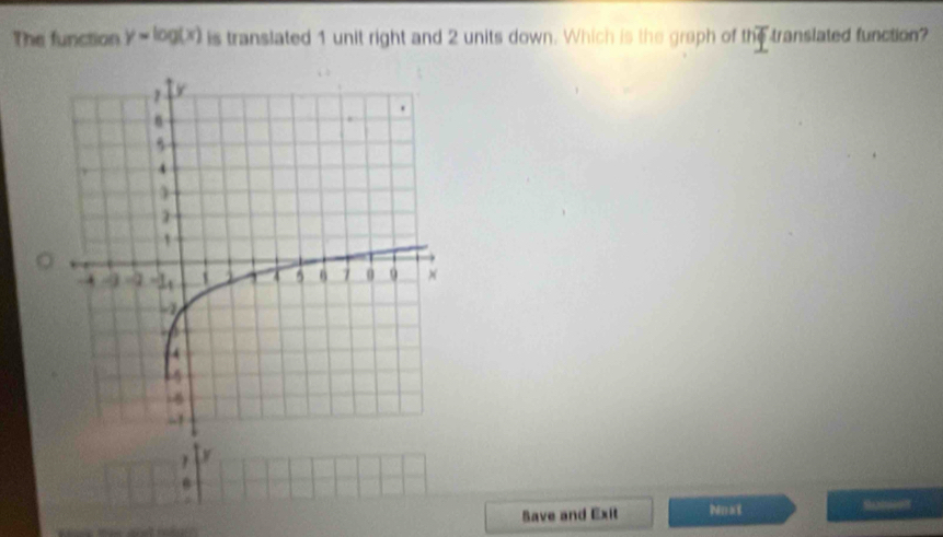 The function y=log (x) is translated 1 unit right and 2 units down. Which is the graph of the translated function? 
1 
Save and Exit Nnst Bonset