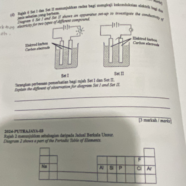 harks 
(d) Rajah 6 Set I dan Set II menunjukkan radas bagi mengkaji kekonduksian elektrik bagi dua 
jenis sebatian yang berbeza. 
Diagram 6 Set I and Set II shows an apparatus set-up to investigate the conductivity 
ckh on electricity for two types of different compound, 
ah , 
Terangkan perbezaan pemerhatian bagi rajah Set I dan Set II, 
Explain the different of observation for diagram Set I and Set II. 
_ 
_ 
_ 
[3 markah / marks] 
2024-PUTRAJAYA-(3 
Rajah 2 menunjukkan sebahagian daripada Jadual Berkala Unsur. 
Diagram 2 shows a part of the Pertodic Table of Elements.