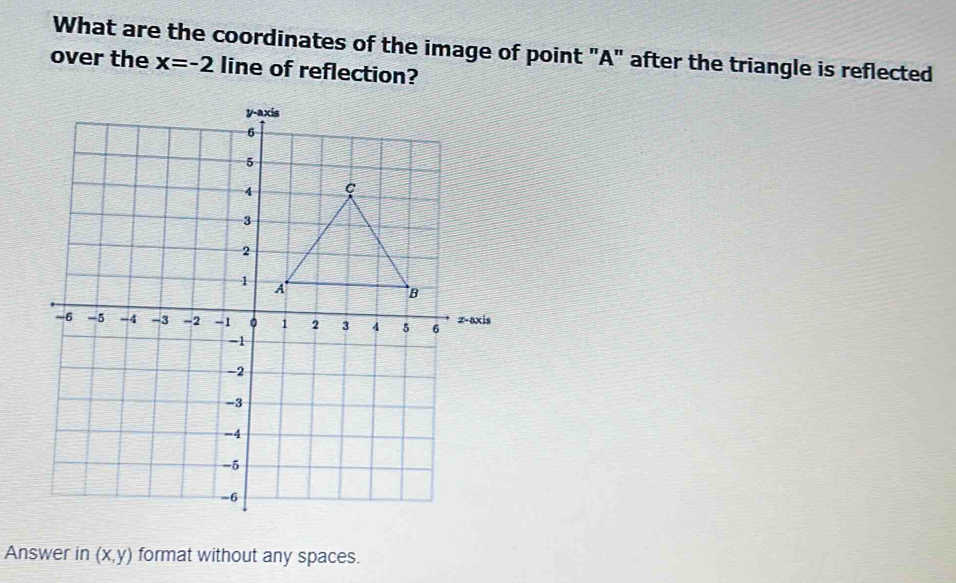 What are the coordinates of the image of point "A" after the triangle is reflected 
over the x=-2 line of reflection? 
Answer in (x,y) format without any spaces.