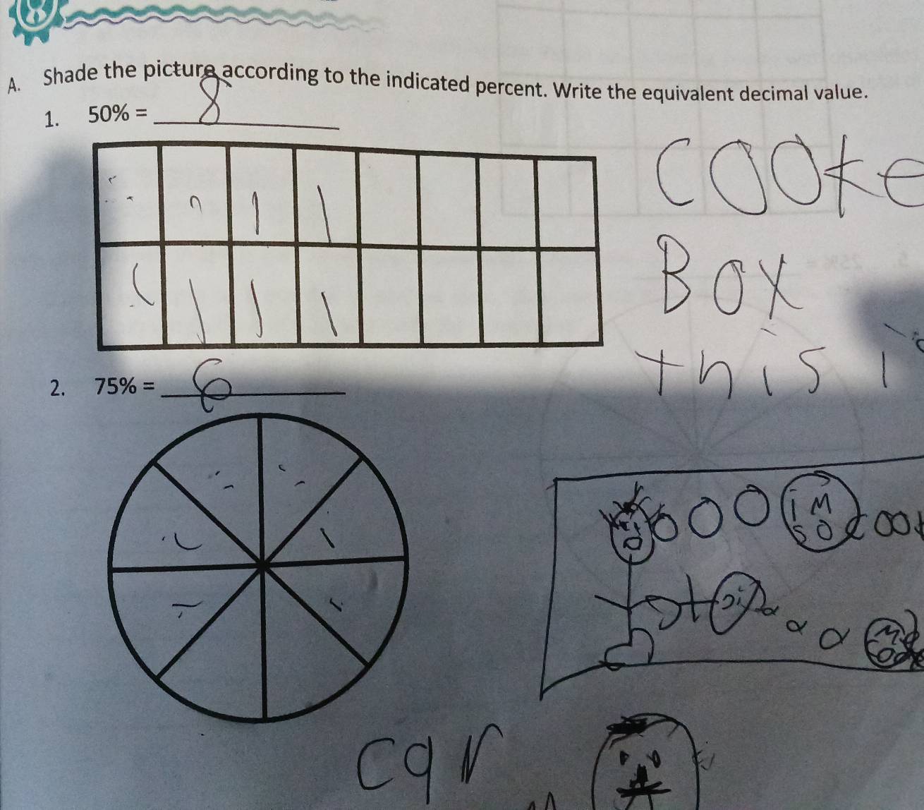 Shade the picture according to the indicated percent. Write the equivalent decimal value. 
1. 50% = _ 
2. 75% = _ 