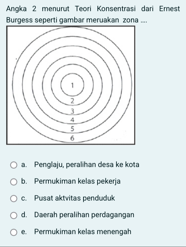 Angka 2 menurut Teori Konsentrasi dari Ernest
Burgess seperti gambar meruakan zona ....
a. Penglaju, peralihan desa ke kota
b. Permukiman kelas pekerja
c. Pusat aktvitas penduduk
d. Daerah peralihan perdagangan
e. Permukiman kelas menengah