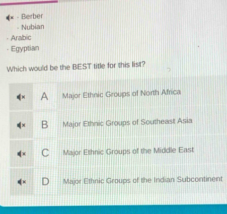 × · Berber
Nubian
Arabic
Egyptian
Which would be the BEST title for this list?
A Major Ethnic Groups of North Africa
B Major Ethnic Groups of Southeast Asia
Major Ethnic Groups of the Middle East
Major Ethnic Groups of the Indian Subcontinent