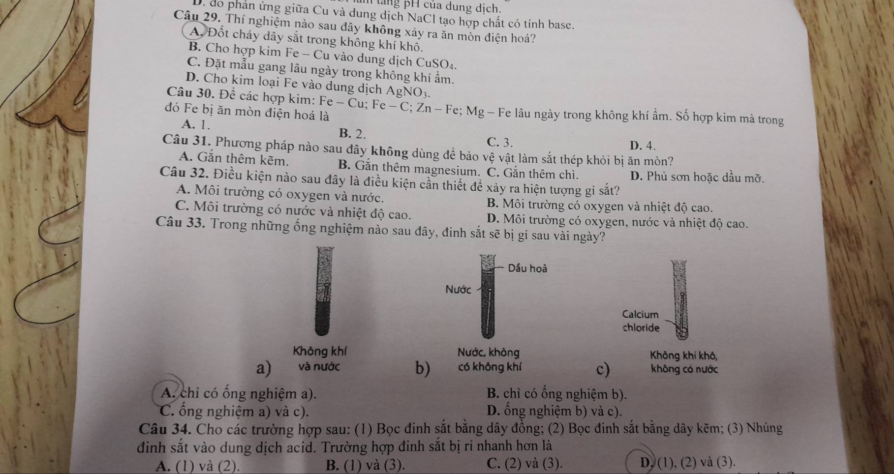 Tang pH của dung dịch.
D. dó phản ứng giữa Cu và dung dịch NaCl tạo hợp chất có tính base.
Câu 29. Thí nghiệm nào sau đây không xảy ra ăn mòn điện hoá?
A. Đốt cháy dây sắt trong không khí khổ.
B. Cho hợp kim Fe - Cu vào dung dịch CuSO₄.
C. Đặt mẫu gang lâu ngày trong không khí ẩm.
D. Cho kim loại Fe vào dung dịch AgNO_3.
Câu 30. Để các hợp kim:
đó Fe bị ăn mòn điện hoá là Fe-Cu;Fe-C;Zn-Fe;Mg - Fe lâu ngày trong không khí ẩm. Số hợp kim mà trong
A. 1. B. 2.
C. 3. D. 4.
Câu 31. Phương pháp nào sau đây không dùng đề bảo vệ vật làm sắt thép khỏi bị ăn mòn?
A. Gắn thêm kẽm. B. Gắn thêm magnesium. C. Gắn thêm chì.
D. Phủ sơn hoặc dầu mỡ.
Câu 32. Điều kiện nào sau đây là điều kiện cần thiết để xảy ra hiện tượng gi sắt?
A. Môi trường có oxygen và nước.
B. Môi trường có oxygen và nhiệt độ cao.
C. Môi trường có nước và nhiệt độ cao. D. Môi trường có oxygen, nước và nhiệt độ cao.
Câu 33. Trong những ống nghiệm nào sau đây, đinh sắt sẽ bị gi sau vài ngày?
Dầu hoả
Nước
Calcium
chloride
Không khí Nước, không Không khí khô,
b)
a) và nước có không khí c) không có nước
A. chi có ống nghiệm a). B. chỉ có ống nghiệm b).
C. ống nghiệm a) và c). D. ống nghiệm b) và c).
Câu 34. Cho các trường hợp sau: (1) Bọc đinh sắt bằng dây đồng; (2) Bọc đinh sắt bằng dây kẽm; (3) Nhúng
đinh sắt vào dung dịch acid. Trường hợp đinh sắt bị rỉ nhanh hơn là
A. (1) và (2). B. (1) và (3). C. (2) và (3). D, (1), (2) và (3).