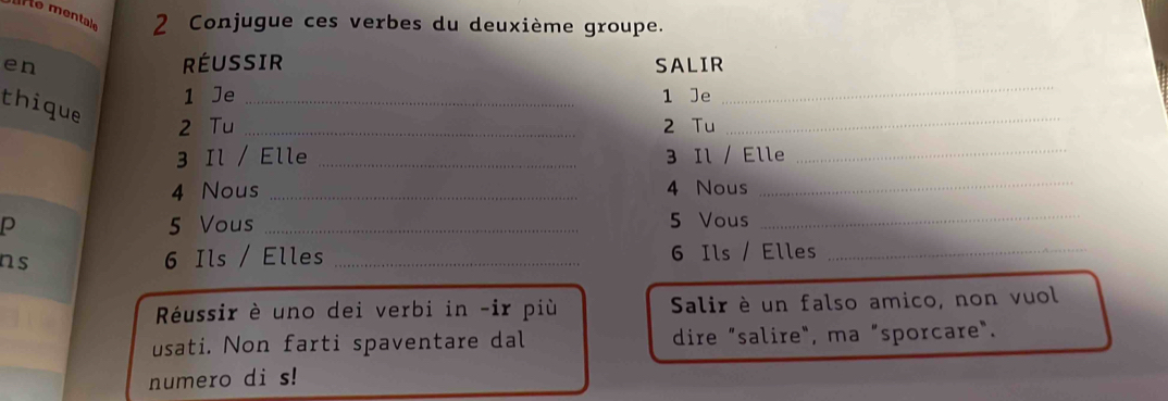 mentale 2 Conjugue ces verbes du deuxième groupe. 
en RÉUSSIR SALIR 
1 Je _1 Je 
thique 
_ 
2 Tu _2 Tu 
_ 
3 Il / Elle _3 Il / Elle_ 
4 Nous _4 Nous 
_ 
P 5 Vous _ 5 Vous_ 
ns 6 Ils / Elles _ 6 Ils / Elles_ 
Réussir è uno dei verbi in -ir più Salir è un falso amico, non vuol 
usati. Non farti spaventare dal dire "salire", ma "sporcare". 
numero di s!