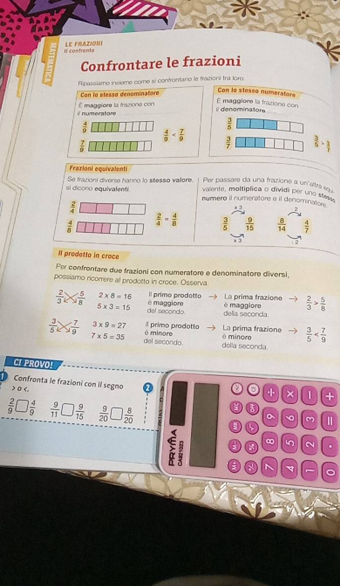 LE FRAZIONI
Il confronto
Confrontare le frazioni
Ripassiamo insieme come si confrontano le frazioni tra loro.
Con lo stesso denominatore
Con io stesso numeratore
É maggiore la frazione con
É maggiore la frazione con
i denominatore
i numeratore
 4/9 
 3/5 
 4/9 
 7/9 
 3/7 
 3/5 > 3/7 
Frazioni equivalenti
Se frazioni diverse hanno lo stesso valore. Per passare da una frazione a un'altra equ
valente, moltiplica o dividi per uno stess
si dicono equivalenti. numero il numeratore a il denominator
 2/4 
x 3
2
 4/8 
 2/4 = 4/8   3/5   9/15   8/14   4/7 
x 3
2
1I prodotto in croce
Per confrontare due frazioni con numeratore e denominatore diversi,
possiamo ricorrere al prodotto in croce. Osserva
2* 8=16 l primo prodotto La prima frazione  2/3 > 5/8 
è maggiore è maggiore
 2/3 *  5/8  5* 3=15 del secondo. della seconda
3* 9=27 / primo prodotto La prima frazione  3/5 
 3/5   7/9  7* 5=35 è minore è minore
del secondo. della seconda.
CI PROVO!
Confronta le frazioni con il segno
> o
 2/9 □  4/9   9/11   9/15   9/20   8/20 
5
M
5
∞ ~ .
 a N  。