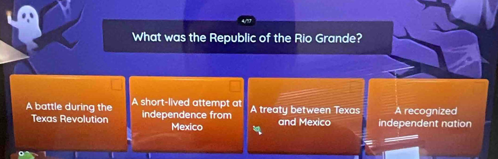 What was the Republic of the Rio Grande?
A battle during the A short-lived attempt at A treaty between Texas A recognized
Texas Revolution independence from and Mexico independent nation
Mexico