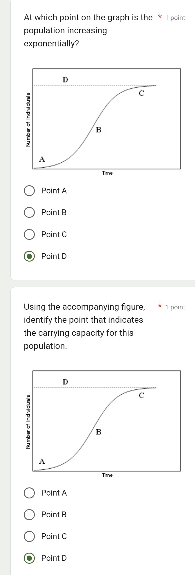 At which point on the graph is the * 1 point
population increasing
exponentially?
Point A
Point B
Point C
Point D
Using the accompanying figure, 1 point
identify the point that indicates
the carrying capacity for this
population.
Point A
Point B
Point C
Point D