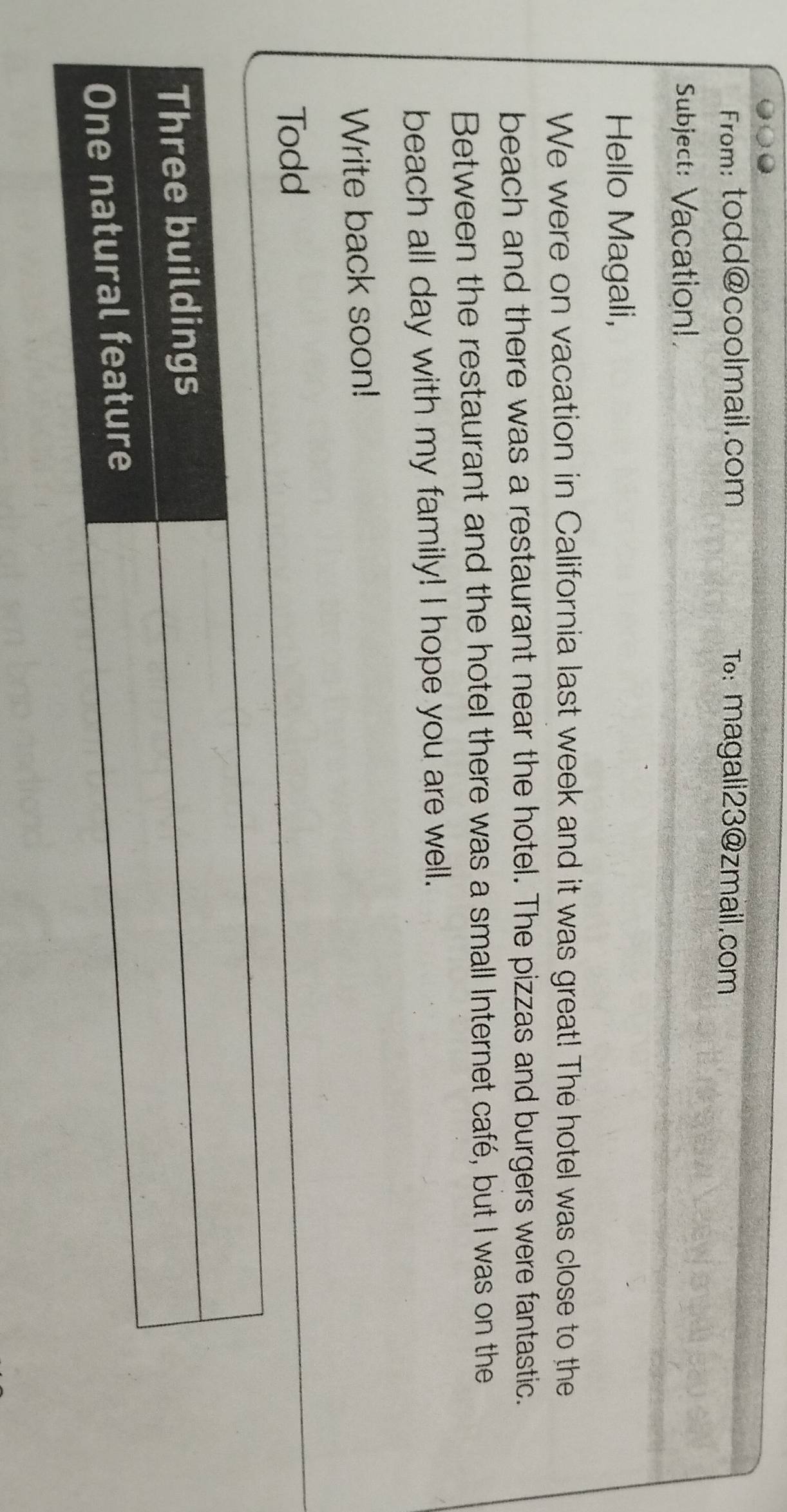 From: todd@coolmail.com T: magali23@zmail.com 
Subject: Vacation! 
Hello Magali, 
We were on vacation in California last week and it was great! The hotel was close to the 
beach and there was a restaurant near the hotel. The pizzas and burgers were fantastic. 
Between the restaurant and the hotel there was a small Internet café, but I was on the 
beach all day with my family! I hope you are well. 
Write back soon! 
Todd