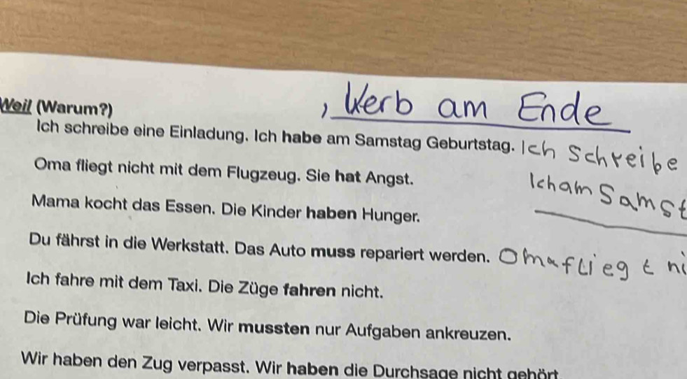 Weil (Warum?) 
Ich schreibe eine Einladung. Ich habe am Samstag Geburtstag. | 
Oma fliegt nicht mit dem Flugzeug. Sie hat Angst. 
Mama kocht das Essen. Die Kinder haben Hunger._ 
Du fährst in die Werkstatt. Das Auto muss repariert werden. 
Ich fahre mit dem Taxi. Die Züge fahren nicht. 
Die Prüfung war leicht. Wir mussten nur Aufgaben ankreuzen. 
Wir haben den Zug verpasst. Wir haben die Durchsage nicht gehört