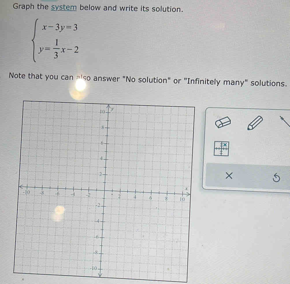 Graph the system below and write its solution.
beginarrayl x-3y=3 y= 1/3 x-2endarray.
Note that you can ⊃'so answer "No solution" or "Infinitely many" solutions. 
×