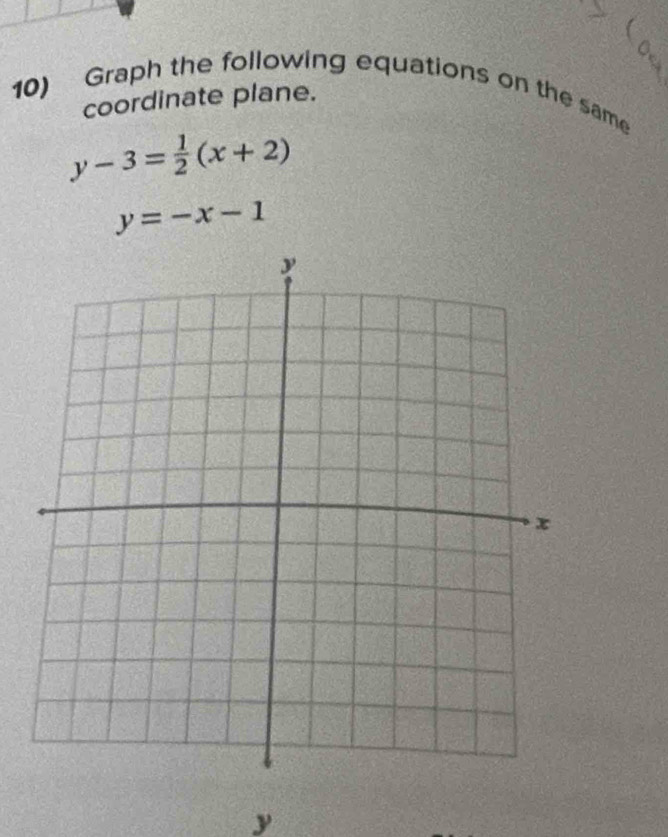 Graph the following equations on the same
coordinate plane.
y-3= 1/2 (x+2)
y=-x-1
y