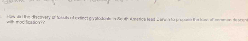 How did the discovery of fossils of extinct glyptodonts in South America lead Darwin to propose the idea of common descen 
with modification??