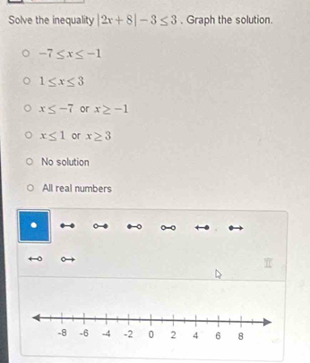 Solve the inequality |2x+8|-3≤ 3. Graph the solution.
-7≤ x≤ -1
1≤ x≤ 3
x≤ -7 or x≥ -1
x≤ 1 or x≥ 3
No solution
All real numbers