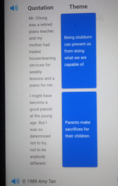 Quotation Theme 
Mr. Chong 
was a retired 
piano teacher, 
and my Being stubborn 
mother had can prevent us 
traded from doing 
housecleaning what we are 
services for capable of. 
weekly 
lessons and a 
piano for me. 
I might have 
become a 
good pianist 
at the young 
age. But I Parents make 
was so sacrifices for 
determined their children. 
not to try, 
not to be 
anybody 
different. 
) © 1989 Amy Tan