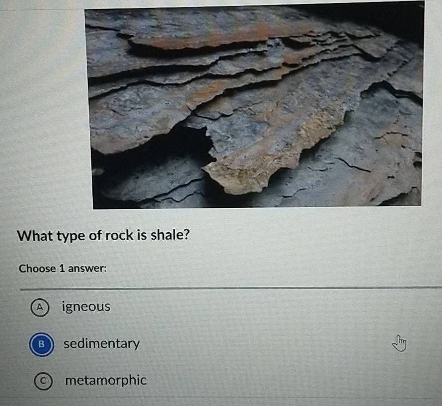 What type of rock is shale?
Choose 1 answer:
A igneous
B) 
sedimentary
metamorphic