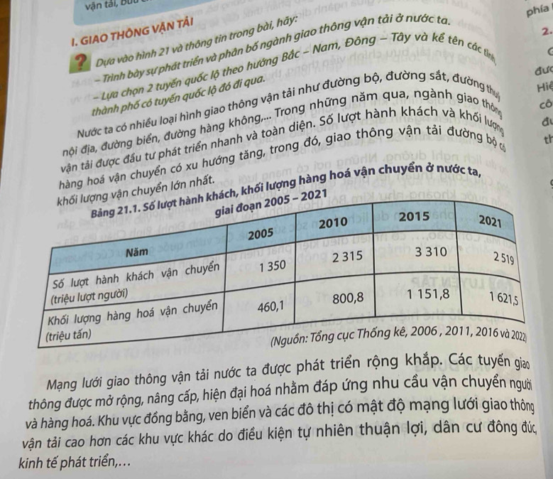 vận tải, Bầu 
phía 
2. 
I. GIAO THÔNG VẠN TÂI 
? Dựa vào hình 21 và thông tin trong bài, hãy. 
- Trình bày sự phát triển và phân bố ngành giao thông vận tải ở nước ta 
đưc 
- Lựa chọn 2 tuyến quốc lộ theo hướng Bắc - Nam, Đông - Tây và kể tên các tỉnhg 
( 
thành phố có tuyến quốc lộ đó đi qua. 
cô 
Nước ta có nhiều loại hình giao thông vận tải như đường bộ, đường sắt, đường thự 
đội địa, đường biển, đường hàng không,... Trong những năm qua, ngành giao thông Hiệ 
vận tải được đầu tư phát triển nhanh và toàn diện. Số lượt hành khách và khối lượng 
hàng hoá vận chuyển có xu hướng tăng, trong đó, giao thông vận tải đường bộ c 
th 
chuyển lớn nhất. 
, khối lượng hàng hoá vận chuyển ở nước ta, 
Mạng lưới giao thông vận tải nước ta được phát triển rộng khắp. Các tuyến giao 
thông được mở rộng, nâng cấp, hiện đại hoá nhằm đáp ứng nhu cầu vận chuyển người 
và hàng hoá. Khu vực đồng bằng, ven biển và các đô thị có mật độ mạng lưới giao thông 
vtận tải cao hơn các khu vực khác do điều kiện tự nhiên thuận lợi, dân cư đông đức 
kinh tế phát triển,...