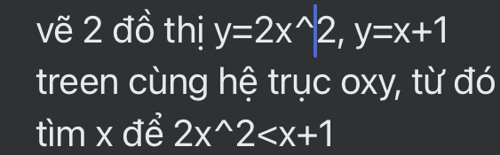 vẽ 2 đồ thị y=2x^(wedge)2, y=x+1
treen cùng hệ trục oxy, từ đó 
tìm x để 2x^(wedge)2