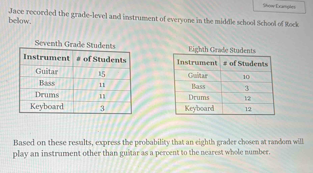 Solved: Show Examples Jace recorded the grade-level and instrument of ...
