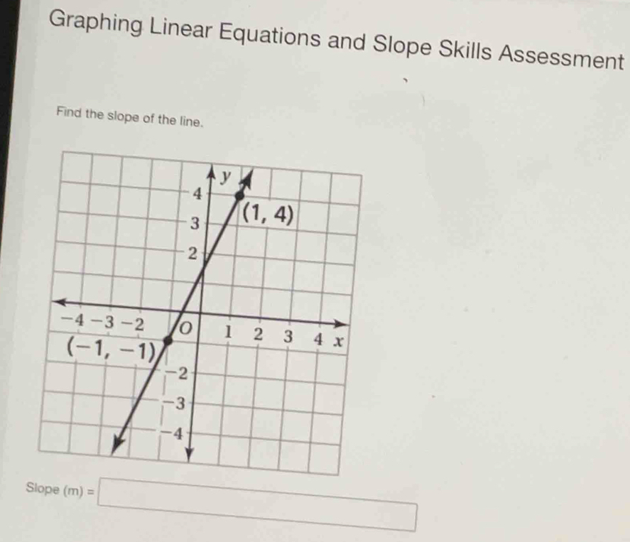 Graphing Linear Equations and Slope Skills Assessment
Find the slope of the line.
Slope(m)=□