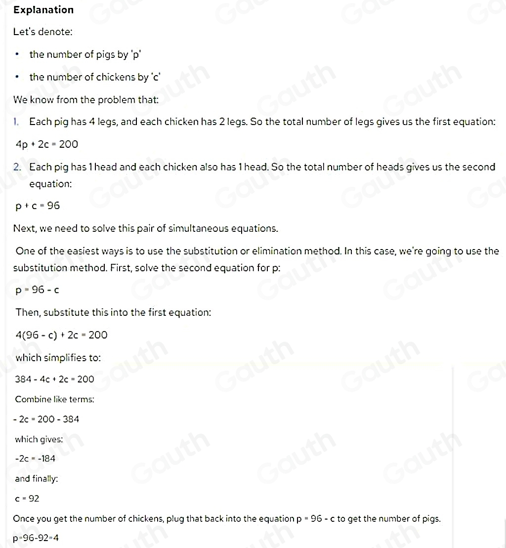Solved: A farm contains only pigs and chickens. If they have a total of ...