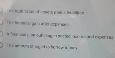 The total value of assets minus liabilities 
The financial gain after expenses 
A financial plan outlining expected income and expenses 
The amount charged to borrow money