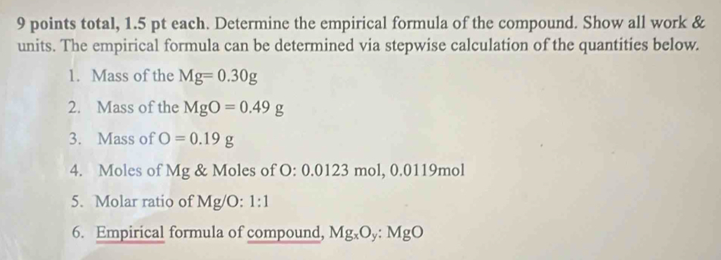 total, 1.5 pt each. Determine the empirical formula of the compound. Show all work & 
units. The empirical formula can be determined via stepwise calculation of the quantities below. 
1. Mass of the Mg=0.30g
2. Mass of the MgO=0.49g
3. Mass of O=0.19g
4. Moles of Mg & Moles of O: 0.0123 mol, 0.0119mol
5. Molar ratio of Mg/O: 1:1
6. Empirical formula of compound, Mg_xO_y:MgO