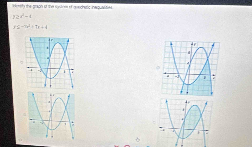 Identify the graph of the system of quadratic inequallities.
y≥ x^2-4
y≤ -2x^2+7x+4
6