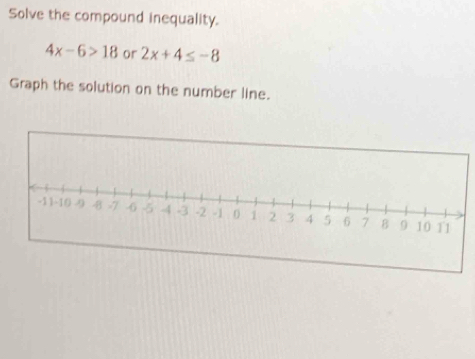 Solve the compound inequality.
4x-6>18 or 2x+4≤ -8
Graph the solution on the number line.