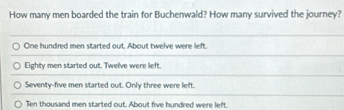 How many men boarded the train for Buchenwald? How many survived the journey?
One hundred men started out. About twelve were left.
Eighty men started out. Twelve were left.
Seventy-five men started out. Only three were left.
Ten thousand men started out. About five hundred were lieft.