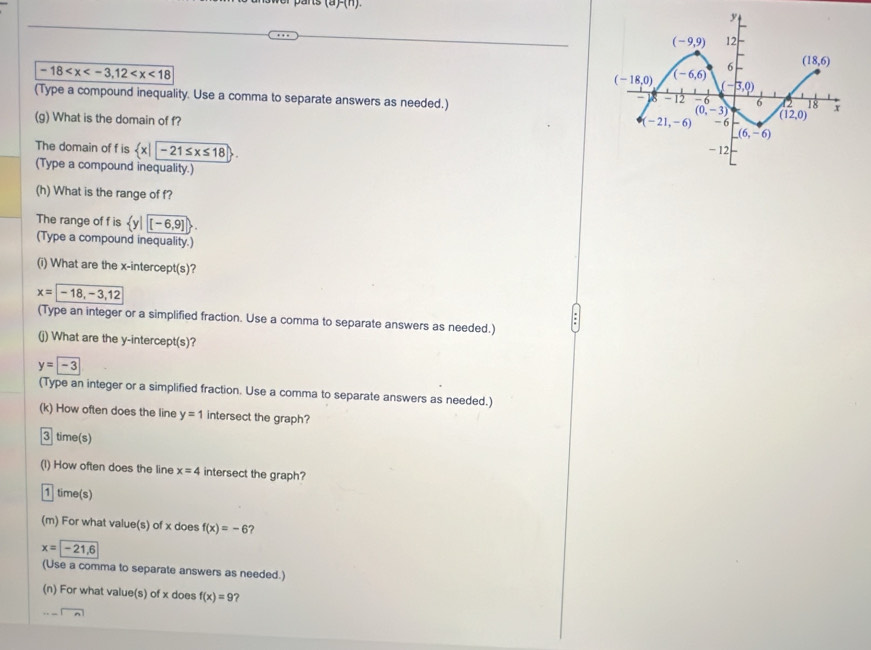 (a)-(n).
-18
(Type a compound inequality. Use a comma to separate answers as needed.) 
(g) What is the domain of f?
The domain of f is  x|-21≤ x≤ 18
(Type a compound inequality.)
(h) What is the range of f?
The range of f is  y| (-6,9)
(Type a compound inequality.)
(i) What are the x-intercept(s)?
x=-18,-3,12
(Type an integer or a simplified fraction. Use a comma to separate answers as needed.)
(j) What are the y-intercept(s)?
y==
(Type an integer or a simplified fraction. Use a comma to separate answers as needed.)
(k) How often does the line y=1 intersect the graph?
3 time(s)
(l) How often does the line x=4 intersect the graph?
1 time(s)
(m) For what value(s) of x does f(x)=-6 ?
x=-21.6
(Use a comma to separate answers as needed.)
(n) For what value(s) of x does f(x)=9 ?