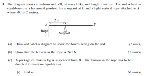 Solved: The diagram shows a uniform rod, AB, of mass 10kg and length 5 ...