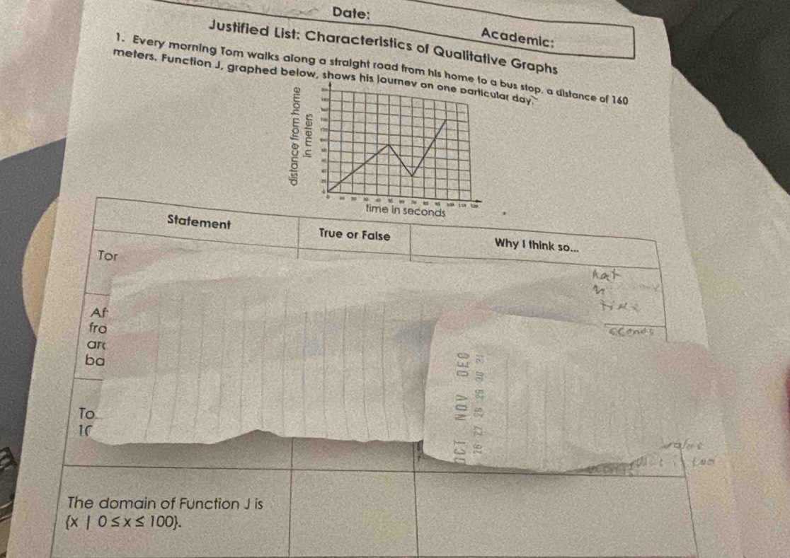 Date: 
Academic: 
Justified List: Characteristics of Qualitative Graphs 
1. Every morning Tom walks along a straight road from his homebus stop, a distance of 160
meters. Function J, graphed below, shows his lar day 
Statement True or False Why I think so... 
Tor 
Af 
fro 
ar 
ba 
a : 
To 
10 
The domain of Function J is
 x|0≤ x≤ 100.