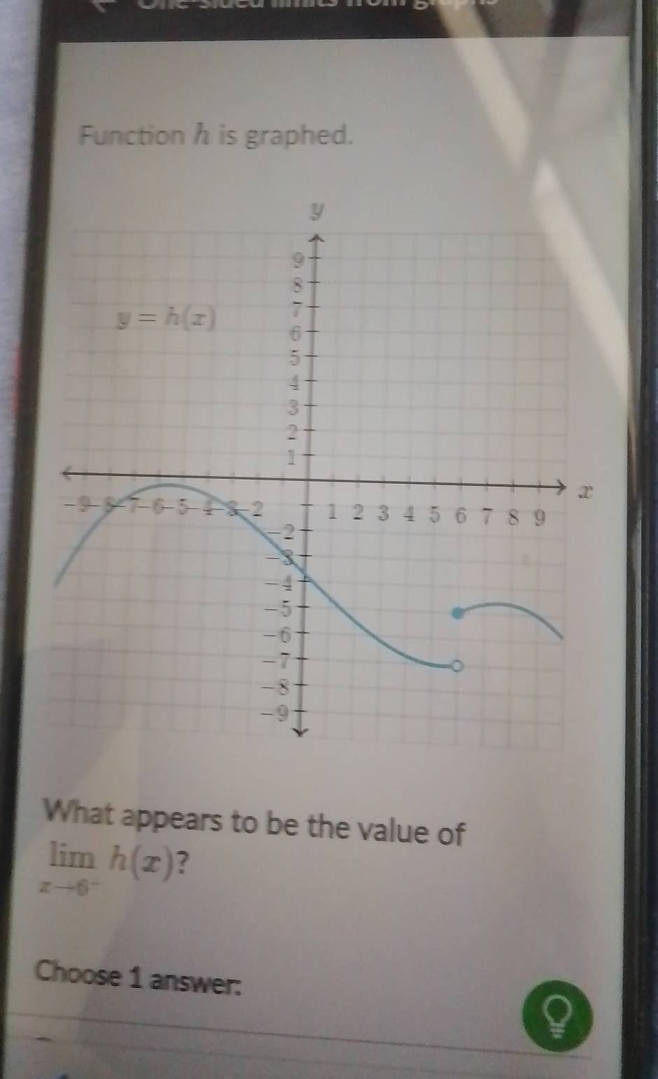 Function h is graphed.
What appears to be the value of
limlimits _xto 6^-h(x) ?
Choose 1 answer: