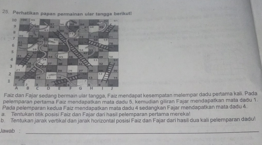 Perhatikan papan permainan ular tangga berikutl 
Faiz dan Fajar sedang bermain ular tangga, Faiz mendapat kesempatan melempar dadu pertama kali. Pada 
pelemparan pertama Faiz mendapatkan mata dadu 5, kemudian giliran Fajar mendapatkan mata dadu 1. 
Pada pelemparan kedua Faiz mendapatkan mata dadu 4 sedangkan Fajar mendapatkan mata dadu 4. 
a. Tentukan titik posisi Faiz dan Fajar dari hasil pelemparan pertama mereka! 
b. Tentukan jarak vertikal dan jarak horizontal posisi Faiz dan Fajar dari hasil dua kali pelemparan dadu! 
Jawab :_