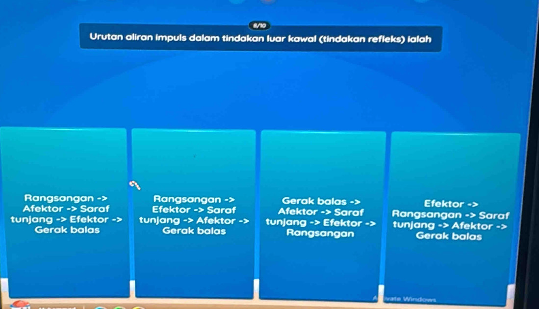 Urutan aliran impuls dalam tindakan luar kawal (tindakan refleks) ialah 
Rangsangan -= Rangsangan Gerak balas -> Efektor 
Afektor - Saraf Efektor Saraf Afektor -> Saraf Rangsangan Saraf 
tunjang Efektor tunjang o tunjang -> Efektor tunjang -> Afektor -> 
Gerak balas Gero balas Rangsangan Gerak balas