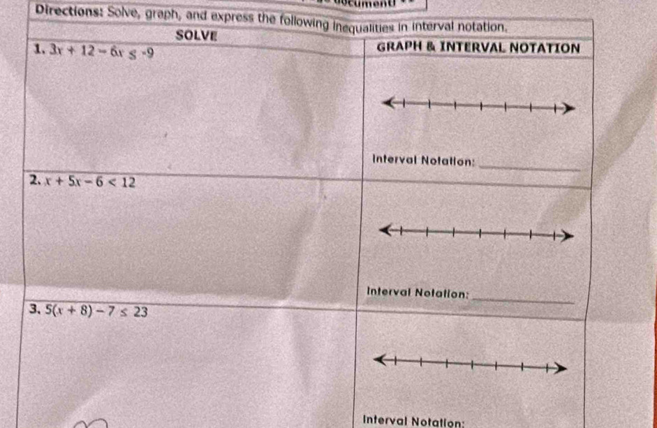 Directions: Solve, graph, and express the follo
Interval Notation: