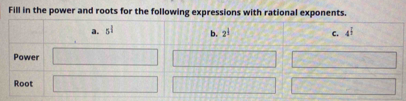 Fill in the power and roots for the following expressions with rational exponents. 
a. 5^(frac 3)4 2^(frac 1)3 C. 4^(frac 7)2
b. 
Power 
Root