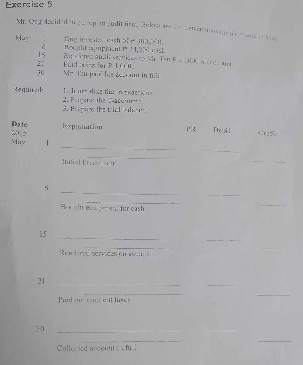 Mr. Ong decided to put up an audit firm. Below are the transactions for the month of May 
May 1 Ong invested cash of P 300,000. 
6 Bought equipment P 34,000 cash. 
15 Rendered audit services to Mr. Tan P 21,000 on account. 
21 Paid taxes for P 1,000. 
30 Mr. Tan paid hiis account in full. 
Required: 1. Journalize the transactions. 
2. Prepare the T-accounts. 
3. Prepare the trial balance. 
Date Explanation Debit 
PR 
2015 Credit 
_ 
_ 
May | 
_ 
Initial Investment 
_ 
_ 
_ 
6 
_ 
Bought equipment for cash 
_ 
_ 
15 
_ 
_ 
Rendered services on account 
_ 
__ 
21 
_ 
_ 
Paid goverment taxes 
30_ 
_ 
_ 
_ 
_ 
Collected account in full