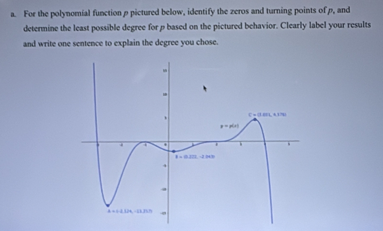 a For the polynomíal function ρpictured below, identify the zeros and turning points of p, and
determine the least possible degree for p based on the pictured behavior. Clearly label your results
and write one sentence to explain the degree you chose.