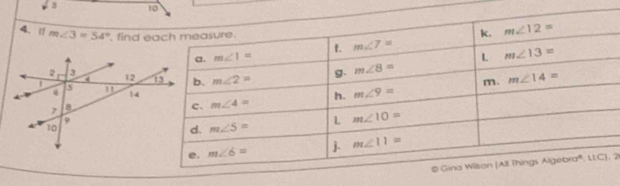 downarrow s
10
4、lf m∠ 3=54° , find e
, 2