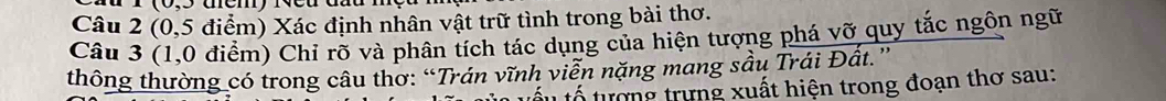 (0, 5 điểm) Xác định nhân vật trữ tình trong bài thơ. 
Câu 3 (1,0 điểm) Chỉ rõ và phân tích tác dụng của hiện tượng phá vỡ quy tắc ngôn ngữ 
thông thường có trong câu thơ: “Trán vĩnh viễn nặng mang sầu Trái Đất.” 
tấ u tổ tượng trựng xuất hiện trong đoạn thơ sau: